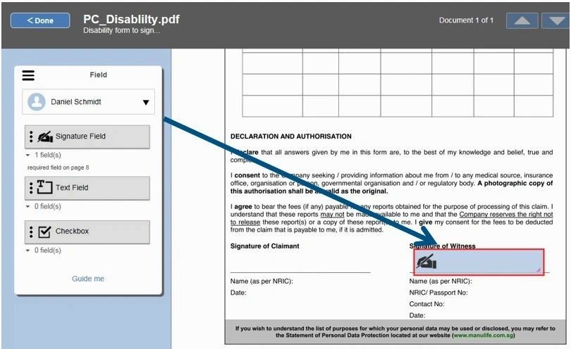 electronically signing a document using esignature software