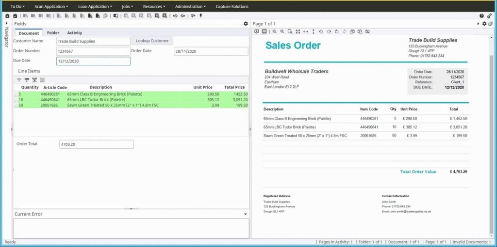 Screen showing a sales order being processed in an automated order processing platform