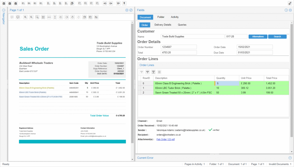Screenshot of Kofax Totalagility processing sales orders and showing data for a sales order processing team member to validate