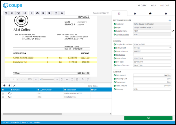 Screen showing data extraction from invoices in an automated invoice processing cloud service