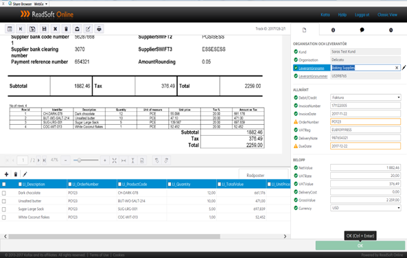 Screen showing validation of data from invoices into an automated invoice processing cloud service