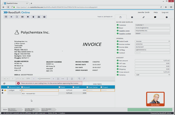 Screen showing coding of invoices into an automated invoice processing cloud service